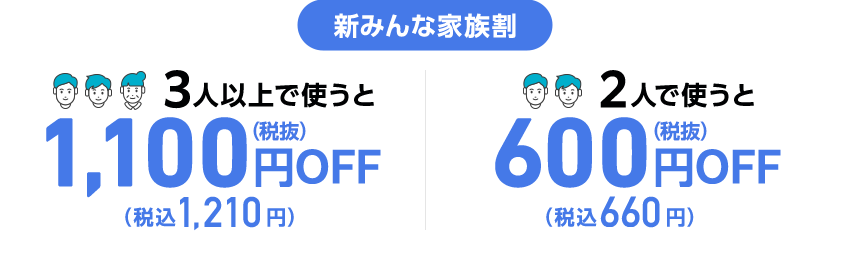 新みんな家族割 3人以上で使うと （税抜）1,100円（税込1,210円）OFF 2人で使うと （税抜）600円（税込660円）OFF